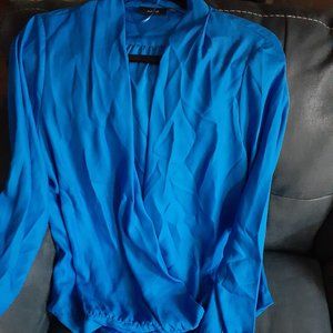 Blue Silk Like Wrap Long Sleeved Blouse